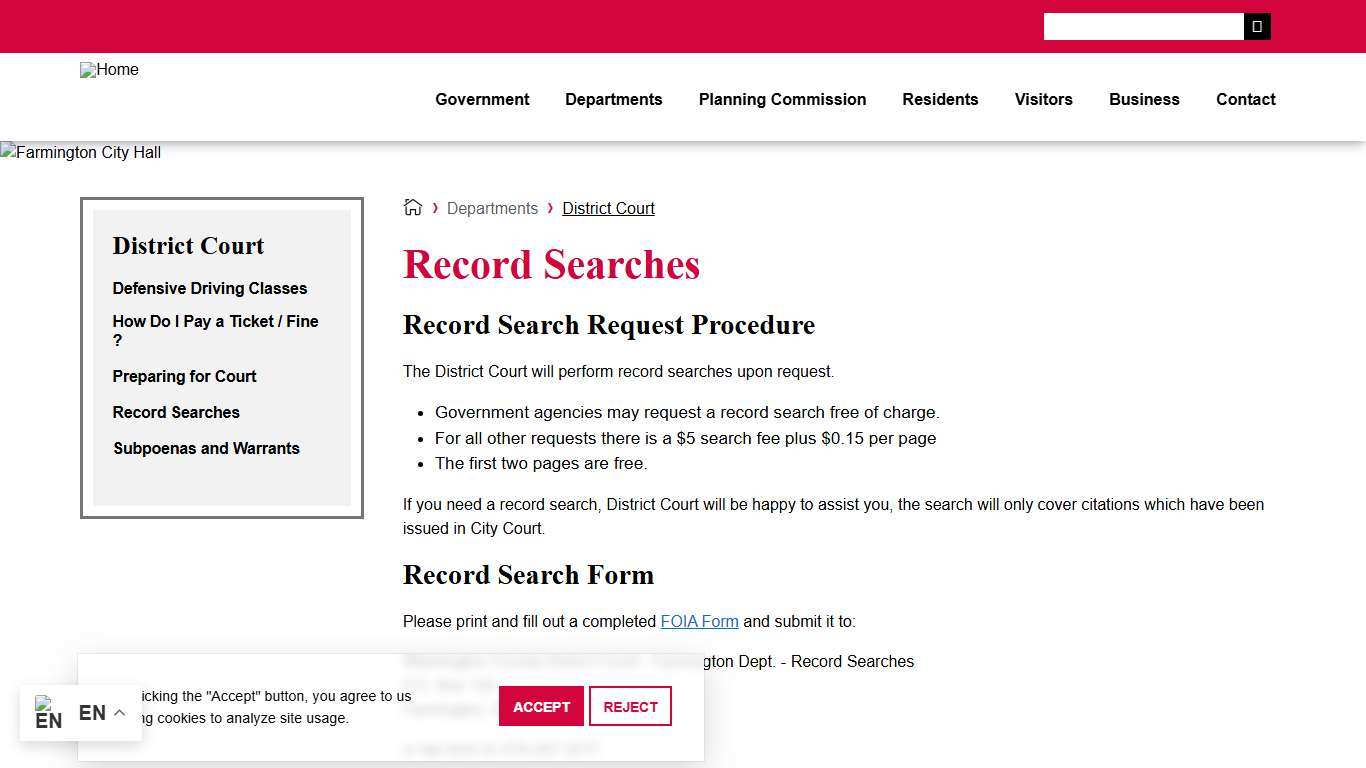 Record Searches City of Farmington, AR